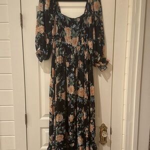 Pink Blush Floral Chiffon Square Neck 3/4 Ruffle Sleeve Maternity Maxi Dress